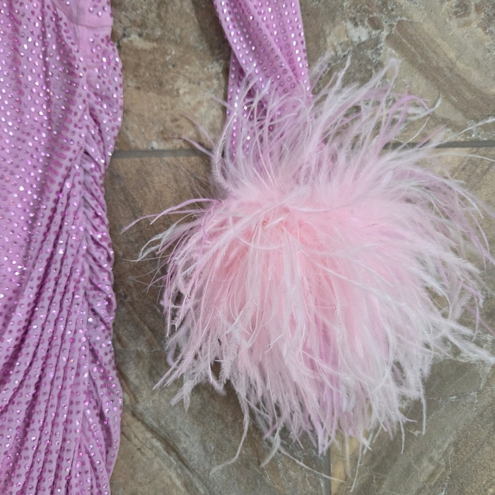 Self-Portrait Pink Rhinestone Mesh Mini Dress Feather Cuffs US 2 UK 6 - Picture 5 of 9